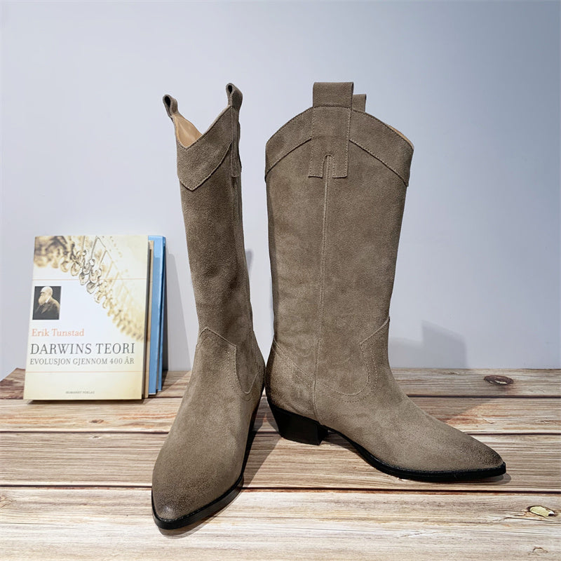 Western Boots for Womens Mid Calf suede knee boots- Black/Khaki