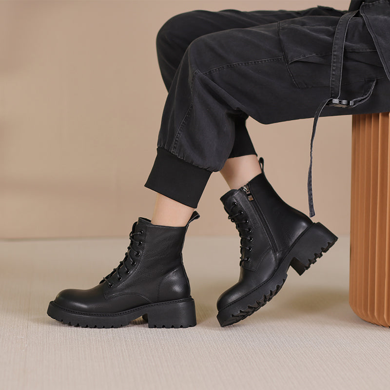 Winter Boots Handmade Genuine Leather Lace-Up Combat Boots Retro Chunky Platform Black