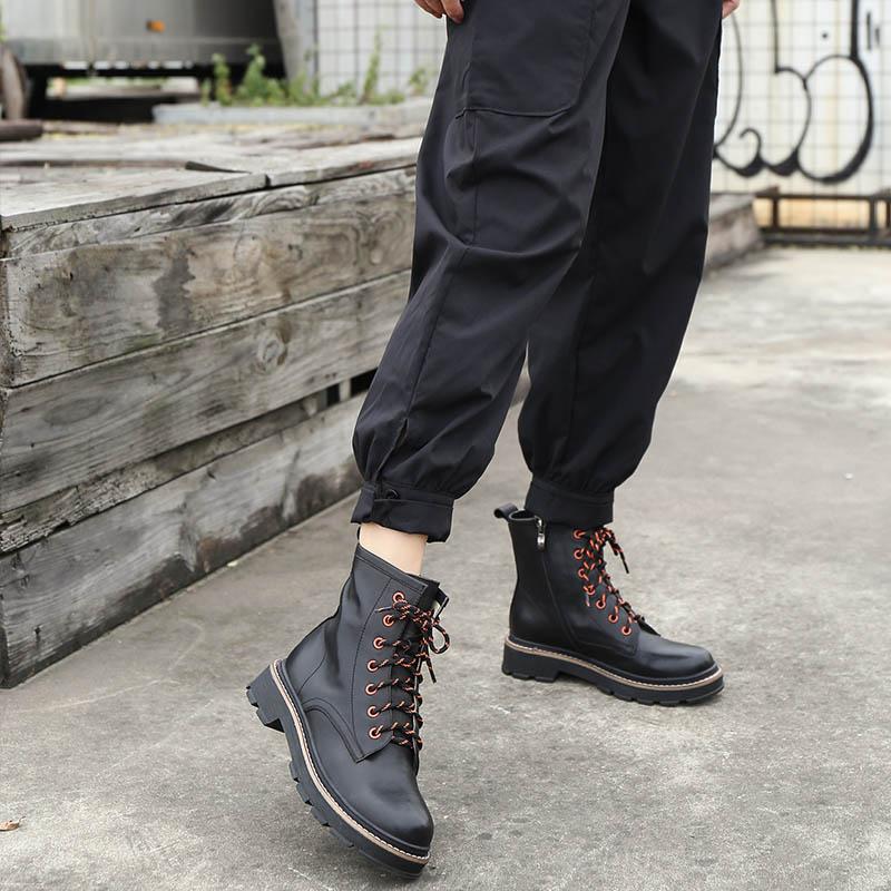 Women Leather Lace-Up Oxfords Round Toe Ankle Booties Black/Coffee