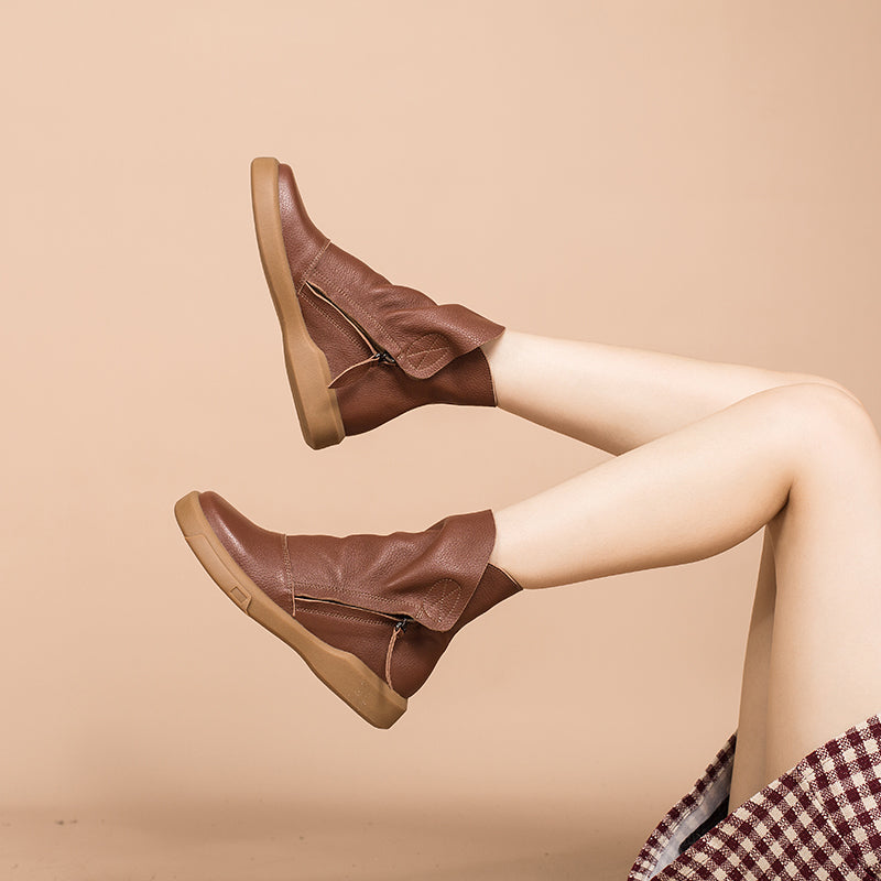 Soft Cowhide Leather Zip Boots Retro Women Chunky Ankle Boots Black/Coffee/khaki