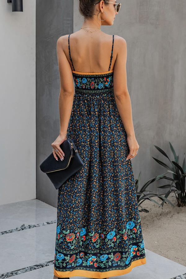 Fashion V Neck Print Backless Maxi Dress