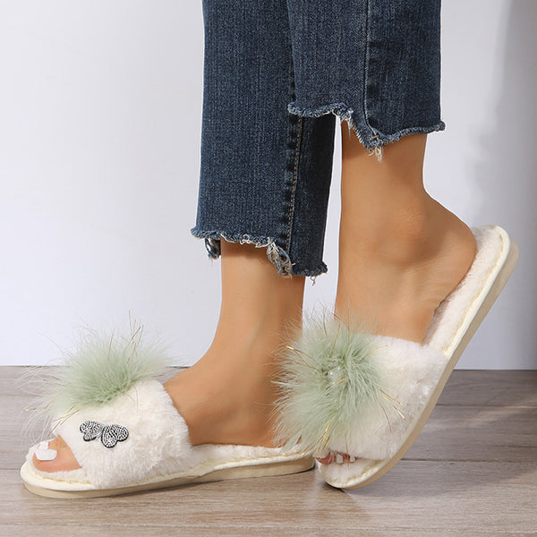 Rhinestone Embrellished Fluffy Flat Slippers