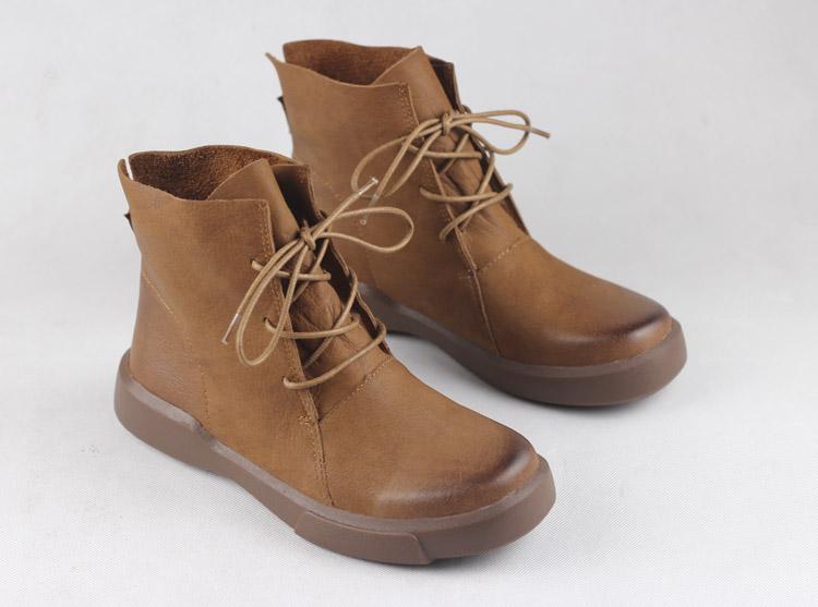 Women Retro Boots Lace Up Soft Leather Oxford Casual Walking Booties Brown/Black