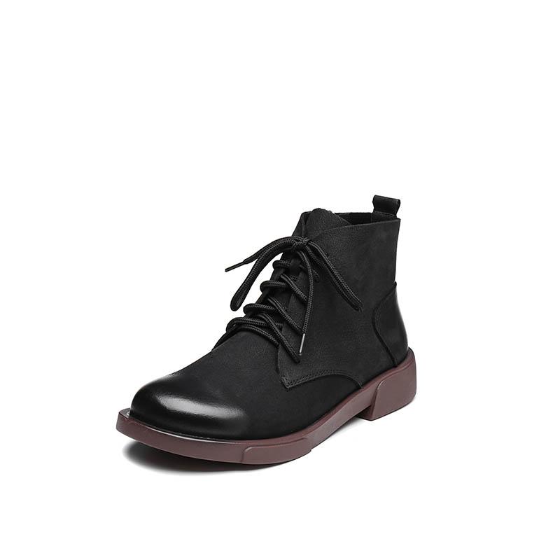 Handmade Nubuck Leather Ankle Boots Retro Round Toe Short Boots Coffee/Black