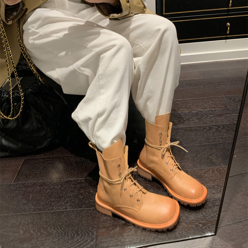 Womens Boots Lace Up Leather Ankle Boots in Yellow/Black
