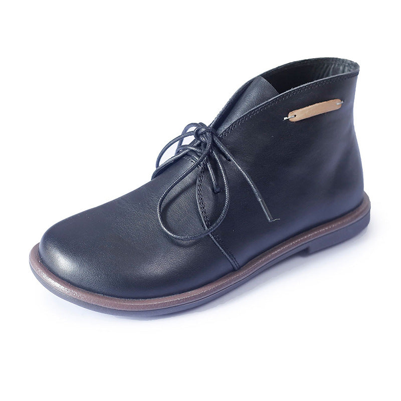 Women's Leather Booties Round Toe Lace-Up Flat Ankle Boots Handmade in Camel/Black