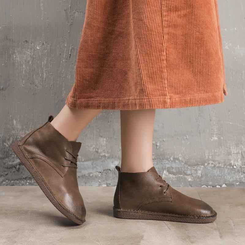 Handmade Genuine Leather Boots Lace-Up Soft Ankle Booties Casual Work Combat Boots Mori Girl Designer Shoes Brush-Off
