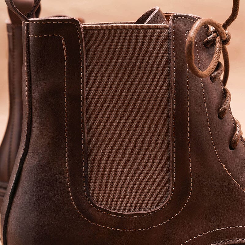 Handmade Boots Women Leather Lace-Up Oxfords Round Toe Chunky Ankle Booties