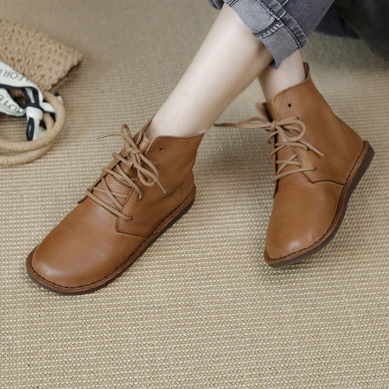 Women's Leather Booties Round Toe Lace-Up Flat Ankle Boots Handmade in Brown/Coffee