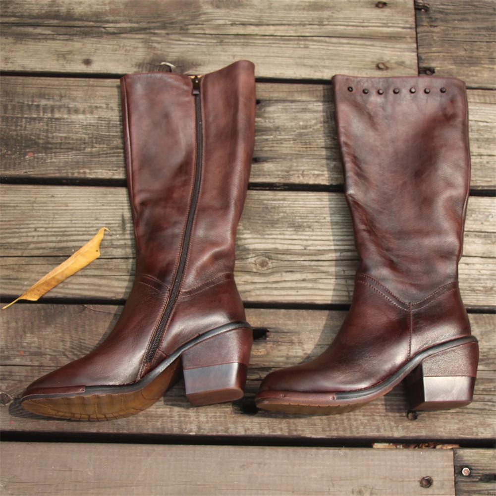 Handmade Leather Knee High Boots Block Heel Biker Boots Retro Rivet