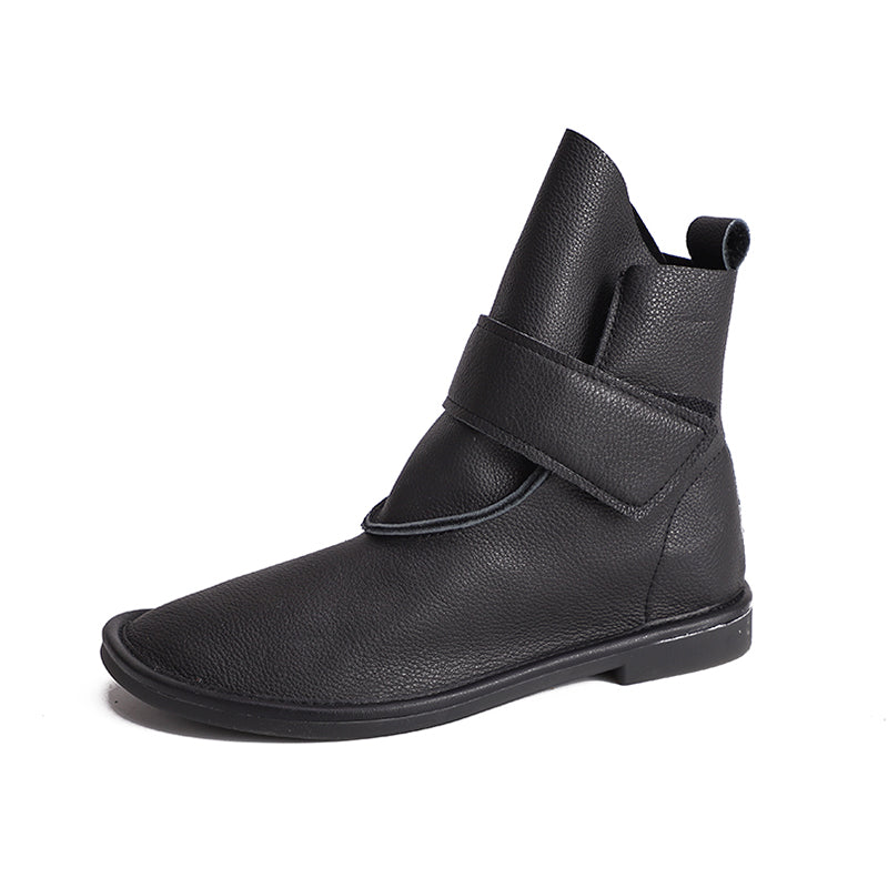 Handmade Women's Leather Booties Round Toe Velcro Flat Ankle Boots Brown/Black/Coffee