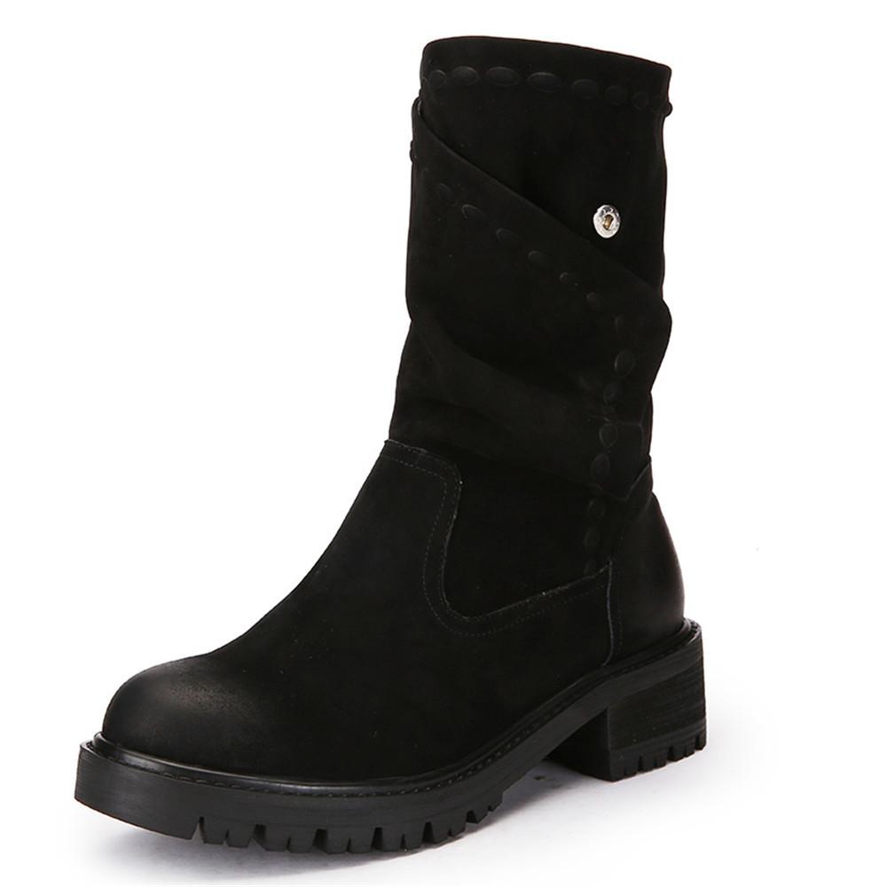 Women'S Retro Leather Boots Button Sleeve Black/Red