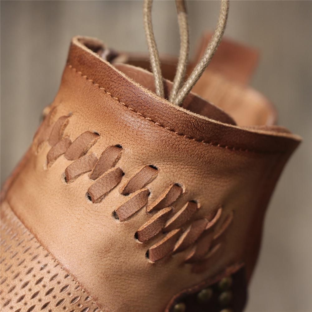 Women'S Handmade Sheepskin Ankle Boots Comfortable Walking Round Toe Retro Rivet Boots With Buckles Brown