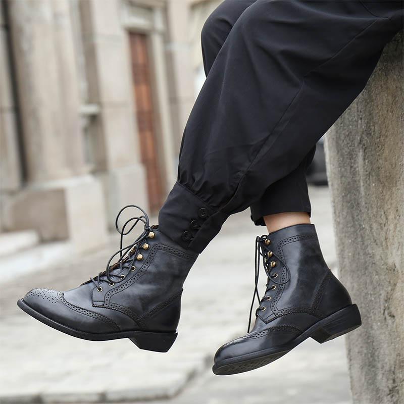 Handmade Wingtip Shoes Leather Boots Block Carving Brogue Ankle Boot For Women Black/Coffee