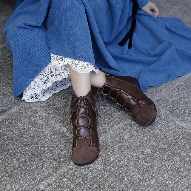 Retro Genuine Leather Soft Flat Boots For Women Round Toe Lace Up Mori Girl Style Ankle Boots Wide Fit Black