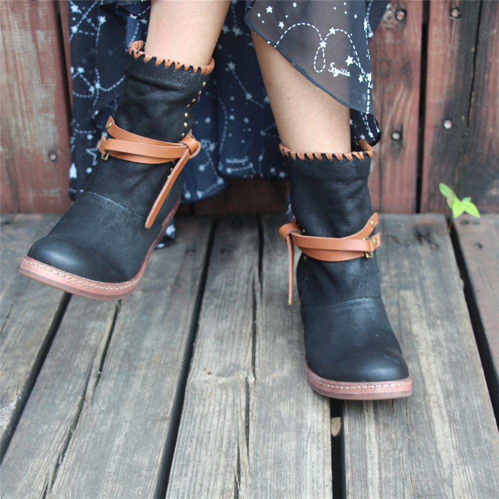 Women'S Leather Heeled Ankle Boots Retro Rivet Comfortable Walking Round Toe Black