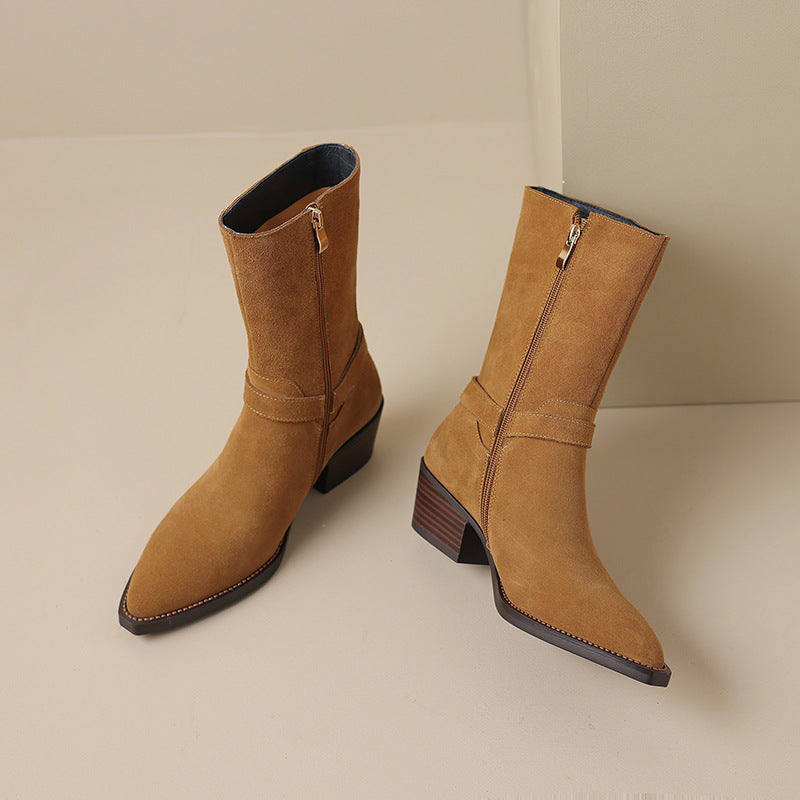 Womens Suede Leather Mid Calf Boots 45mm Block Heel with Buckle Details In Black/Brown