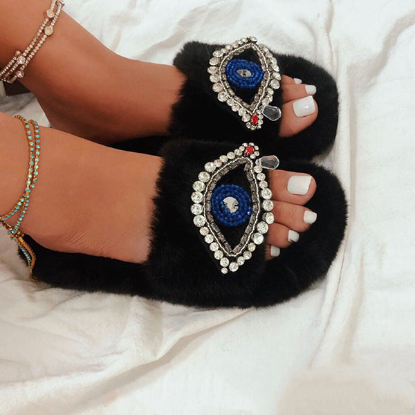 Rhinestone Eye Decor Faux Fur Comfort Slippers