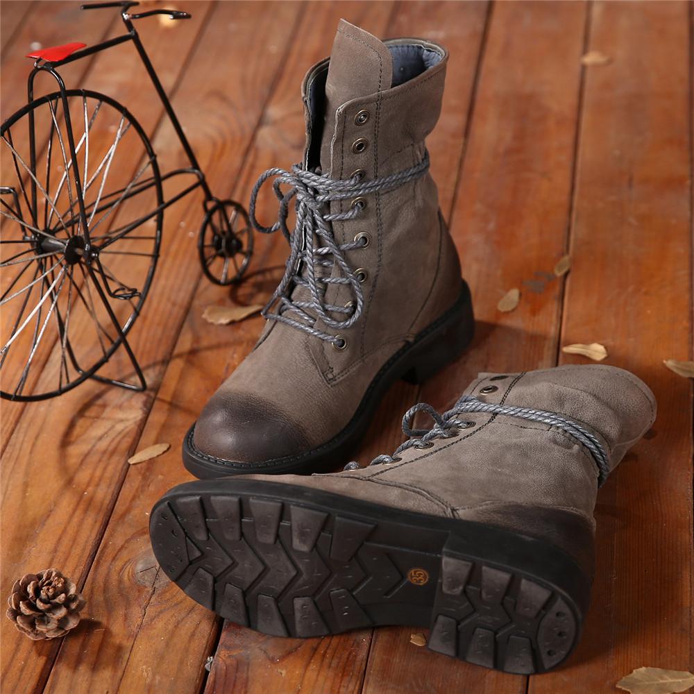 Women Retro Leather Lace Up Combat Boots Black/Brown/Khaki