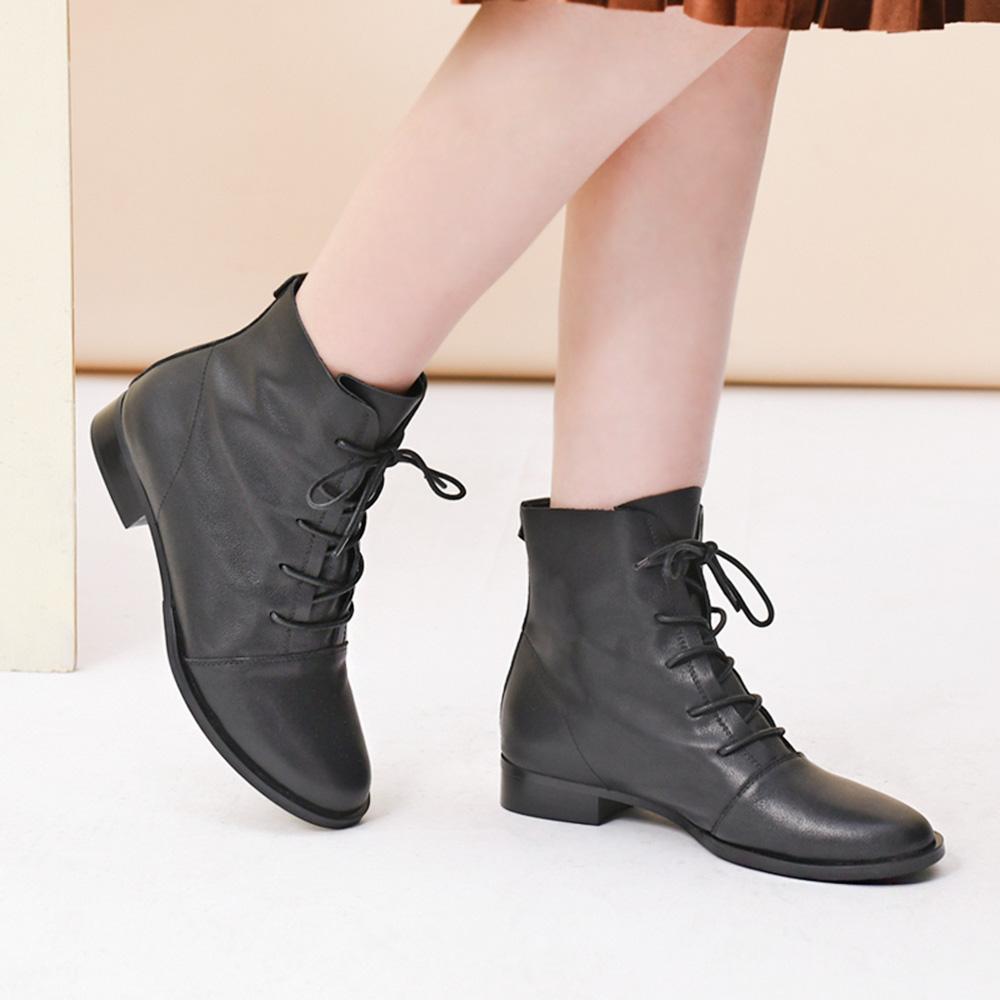Women Boots Lace Up Short Boots Handmade Leather Full Grain Leather Black/Brown