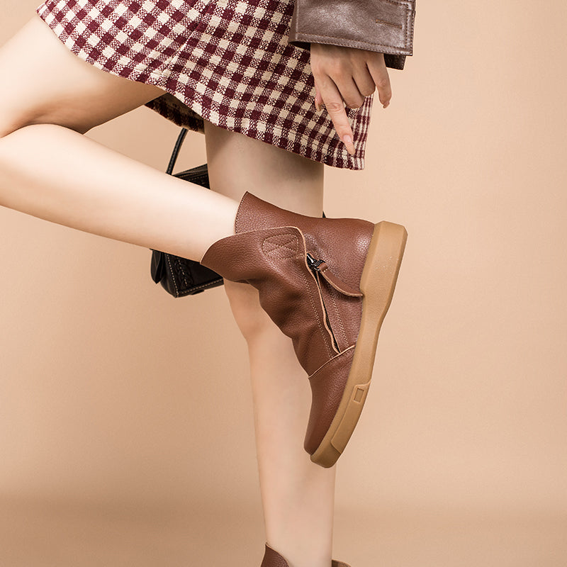Soft Cowhide Leather Zip Boots Retro Women Chunky Ankle Boots Black/Coffee/khaki