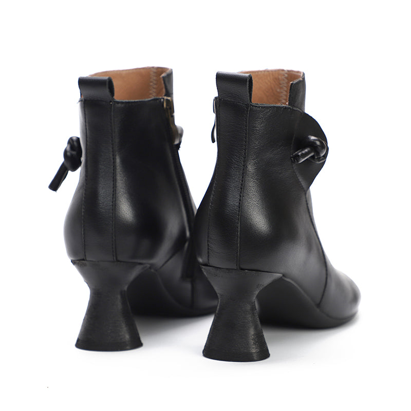 Handmade Soft Leather Kitty Heel Ankle Boots For Women Retro Round Toe Side Zipper in Coffee/Black