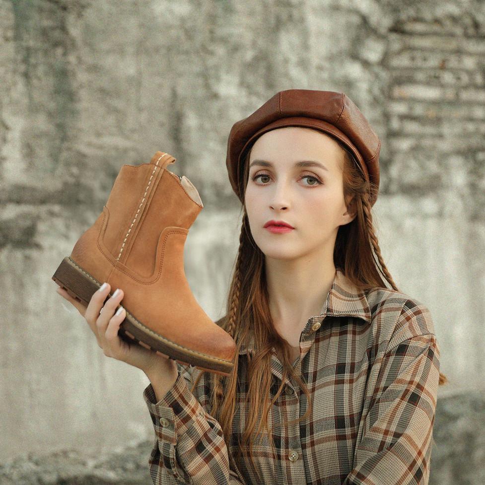 Womens Handmade Leather Ankle Boots Short Boots Side Zipper in Brown/Black