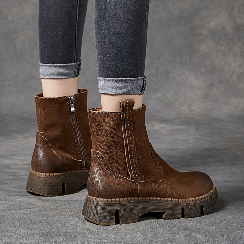 Women's Handmade Chunky Ankle Booties Side Zip in Coffee/Grey