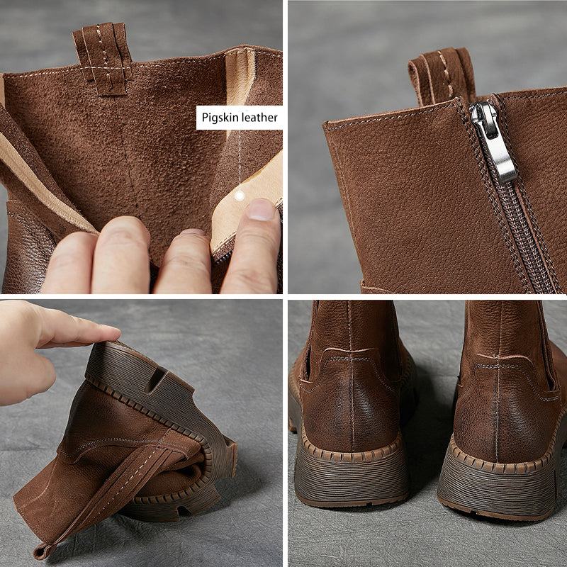 Women's Handmade Chunky Ankle Booties Side Zip in Coffee/Grey