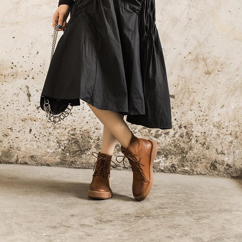 Lace Up Boots for Women Handmade Leather Flat Ankle Boots Brown/Coffee/Black