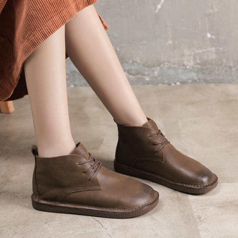 Handmade Genuine Leather Boots Lace-Up Soft Ankle Booties Casual Work Combat Boots Mori Girl Designer Shoes Brush-Off