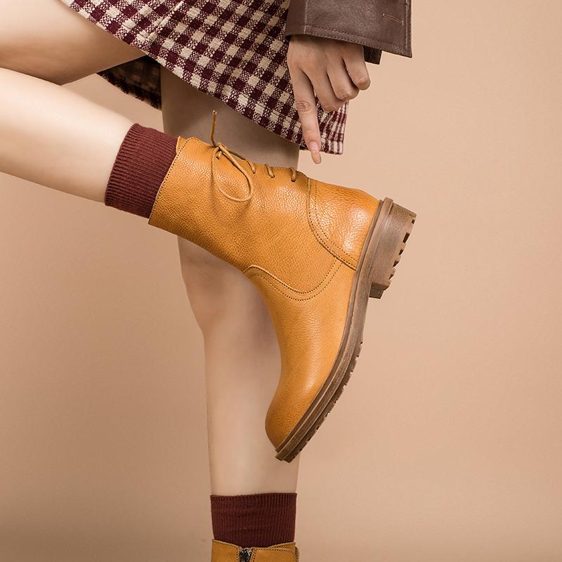 Leather Boots Designer Retro Chunky Riding Back Lace Handmade Coffee/Black/Yellow
