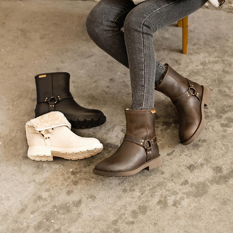 Waxing Leather Buckle Boots Handmade British Boots Fleece Lined Snow Boots Black/White/Coffee