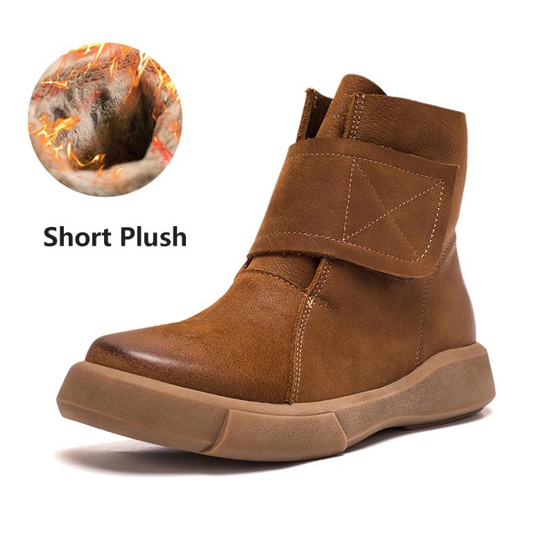 Waxing Leather Boots Velcro Ankle Boots Leather and Short Plush For Choice Black/Coffee