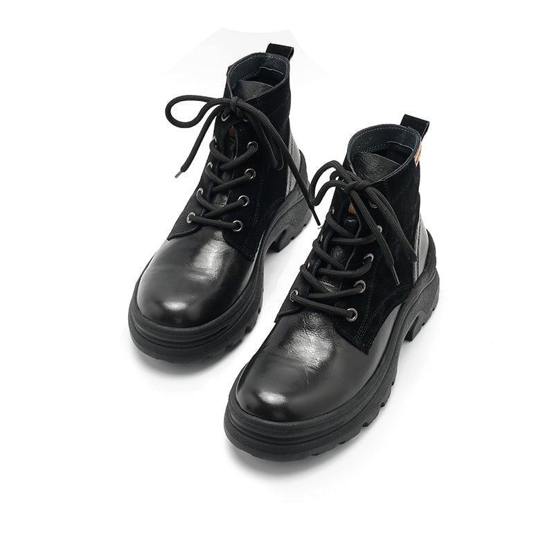 Leather Boots Designer Retro Chunky Riding Boots Handmade in Black/Black Short Plush