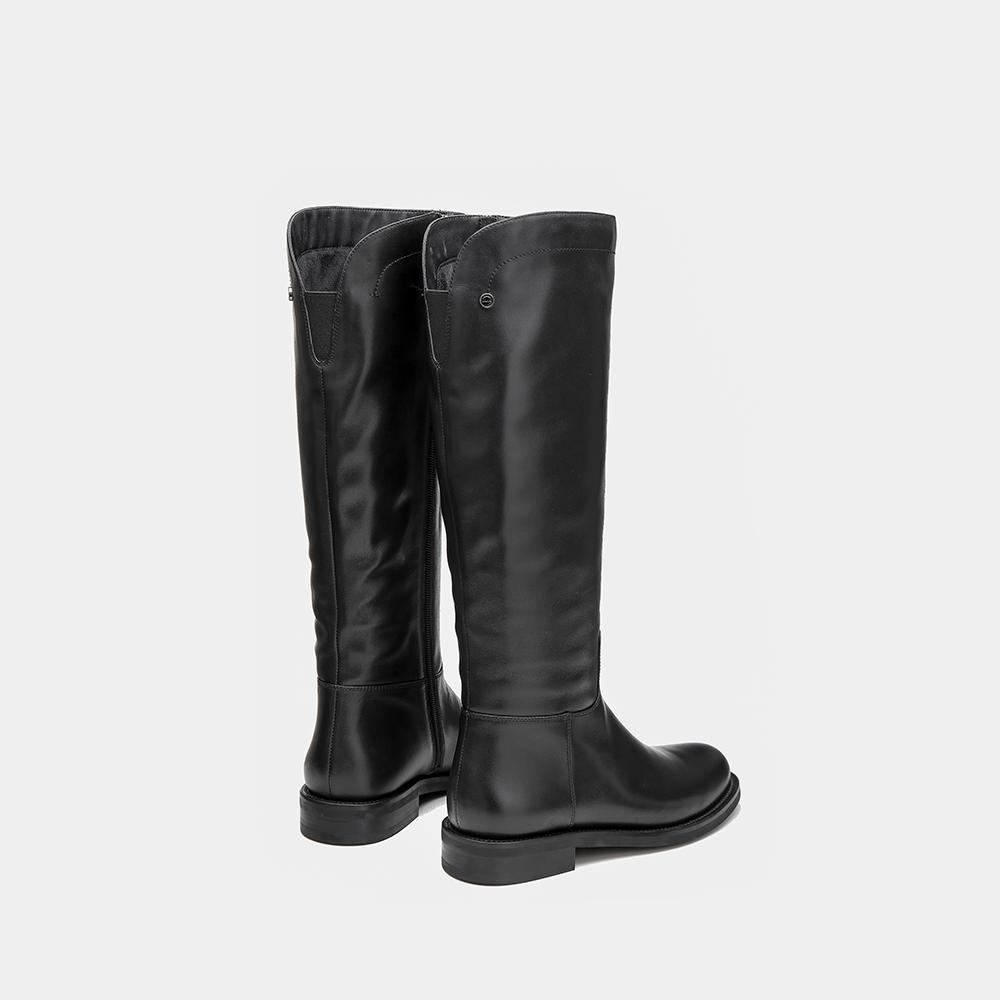 Handmade Soft Leather Knee High Boots Side Zip Riding Boots Black Short Plush