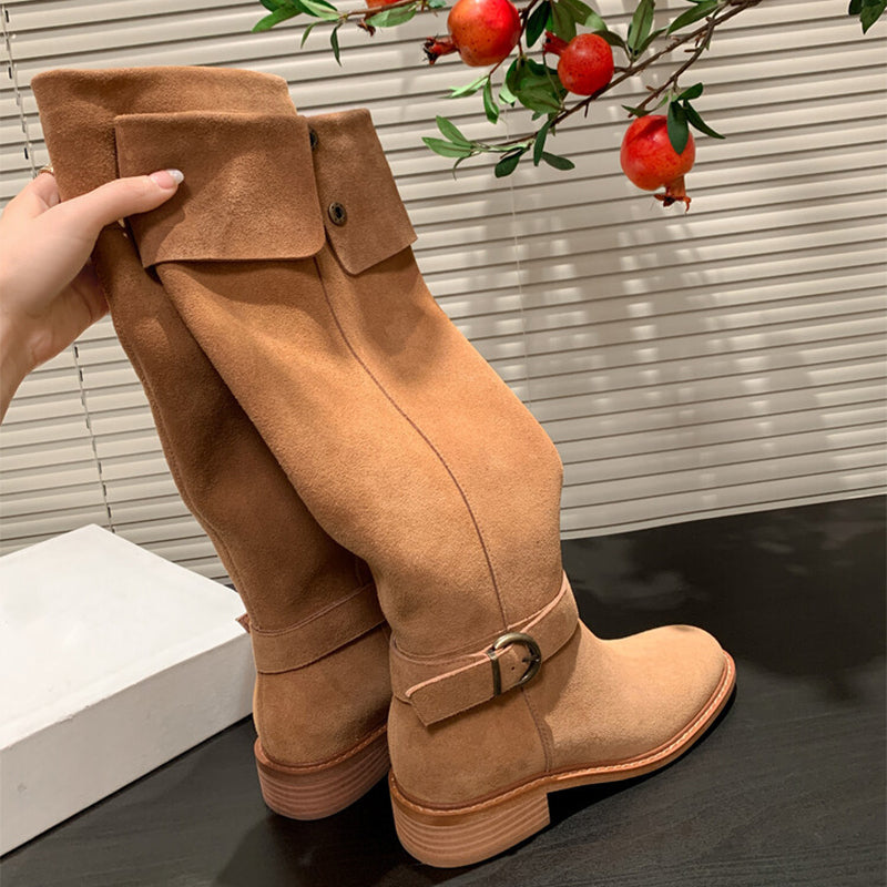 Womens Suede Leather Knee High Boots 75mm Block Heel In Black/Apricot