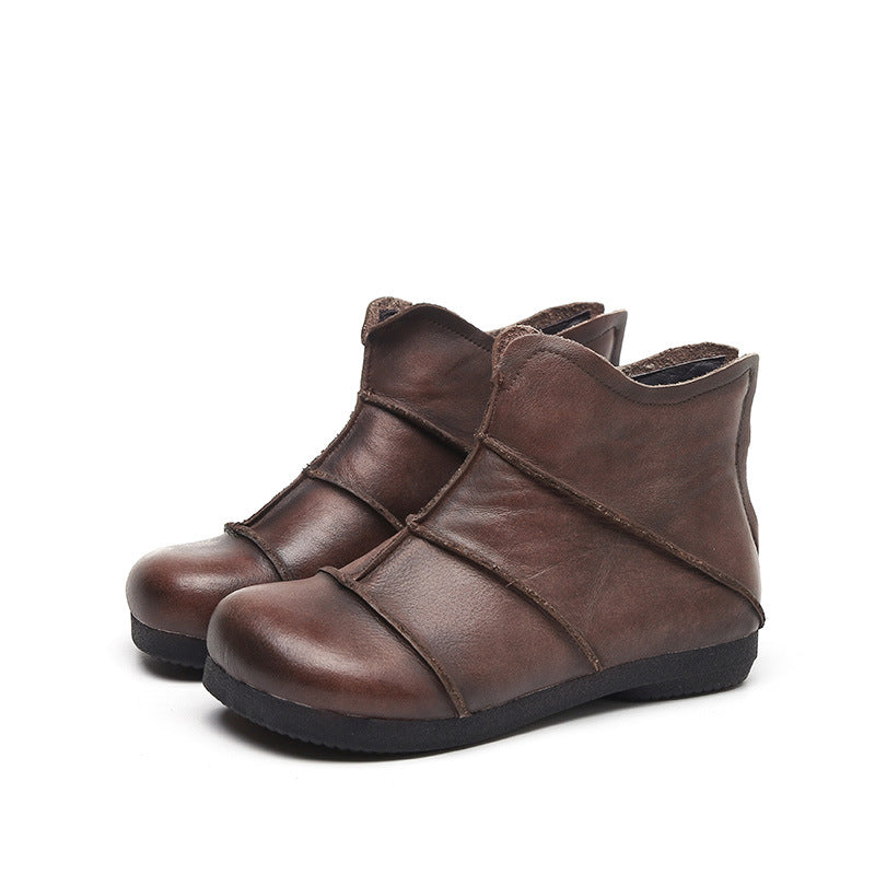 Women Handmade Leather Flats Loafers Boots Color Blocking Ankle Boots Original Design Coffee/Black