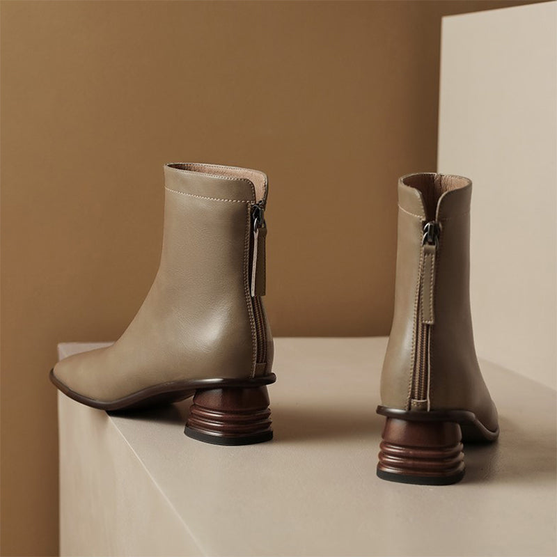 Classic Elegant Chelsea Boots Mid Heel Back Zipper Stretch Boots Square Toe Sock Boots White/Khaki