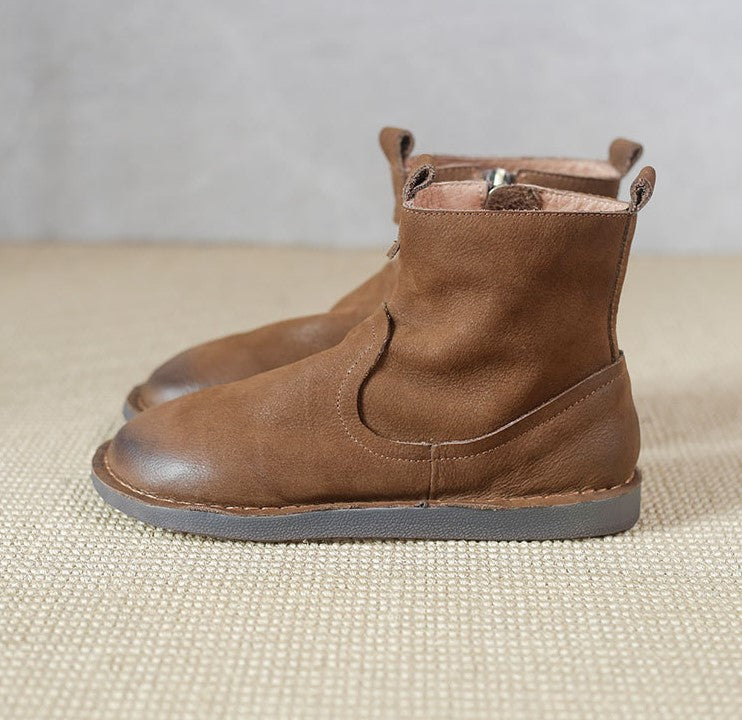Retro Cowhide Boots Women Comfy Zip Walking Boots Brown/Coffee