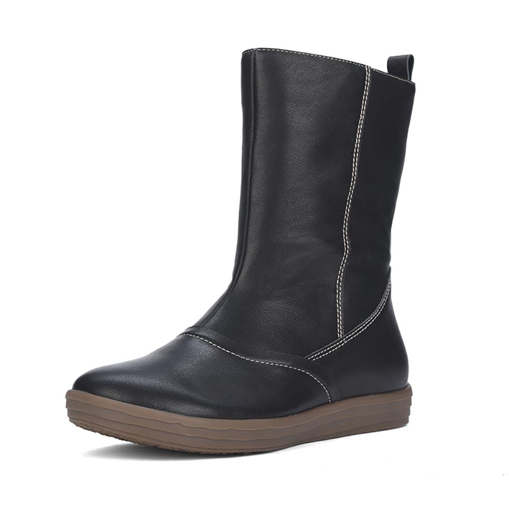 Wide Fit Handmade Leather Side Zip Calf Length Boots For Winter Designer Shoes Exquisite Suture Black/Khaki