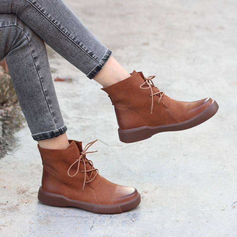 Women Retro Boots Lace Up Soft Leather Oxford Casual Walking Booties Brown/Black