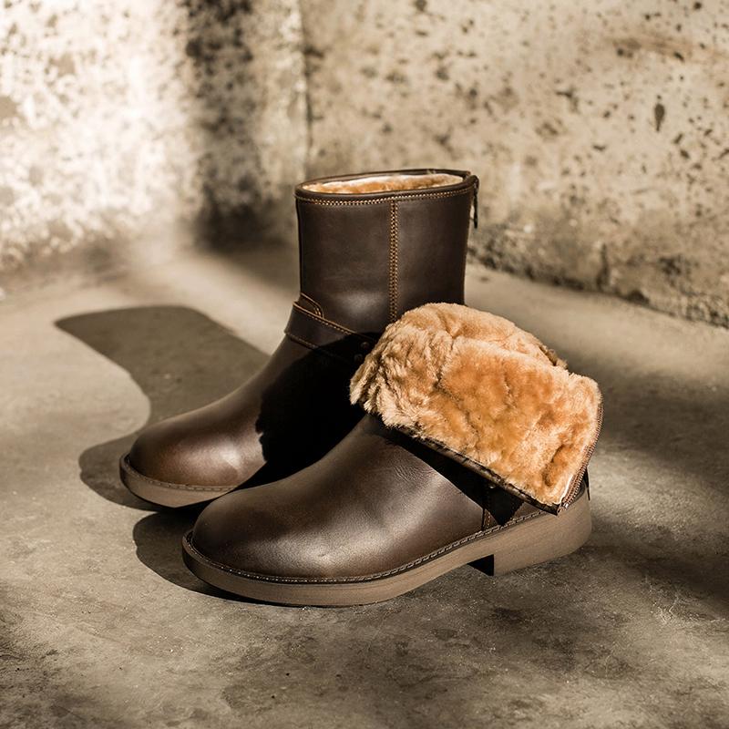 Waxing Leather Buckle Boots Handmade British Boots Fleece Lined Snow Boots Black/White/Coffee