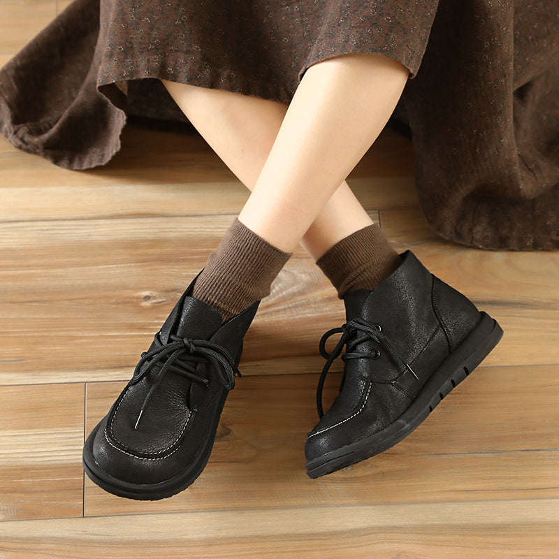 Soft Leather Ankle Boots Retro Round Toe Short Boots Women Mori Girl Boots Handmade