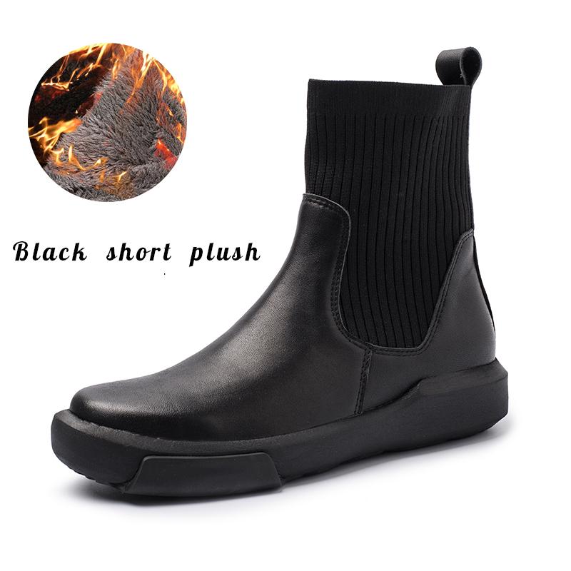 Waxing Leather Chelsea Boots Handmade British Sock Boots Black/Black Short Plush