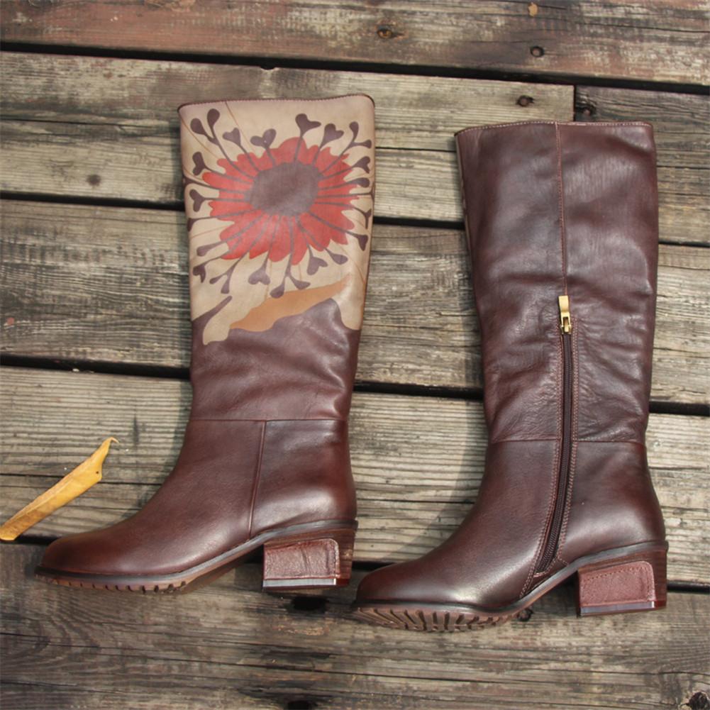 Handmade Leather Knee High Boots Block Heel Biker Boots Retro Flowers
