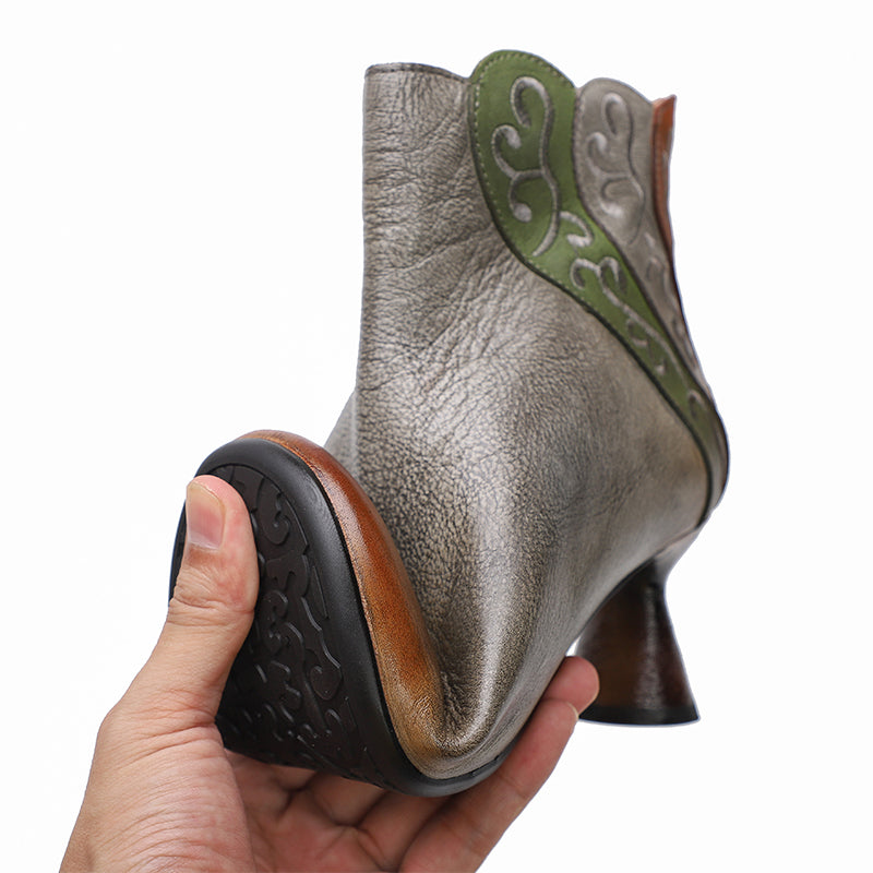 Handmade Leather Embroidery Kitty Heel Ankle Boots For Women Side Zipper in Coffee/Grey