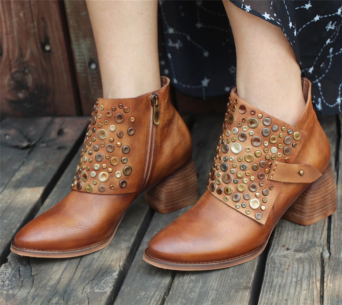 Women Leather Heeled Ankle Boots Retro Rivet Comfortable Walking Pointed Toe Camel