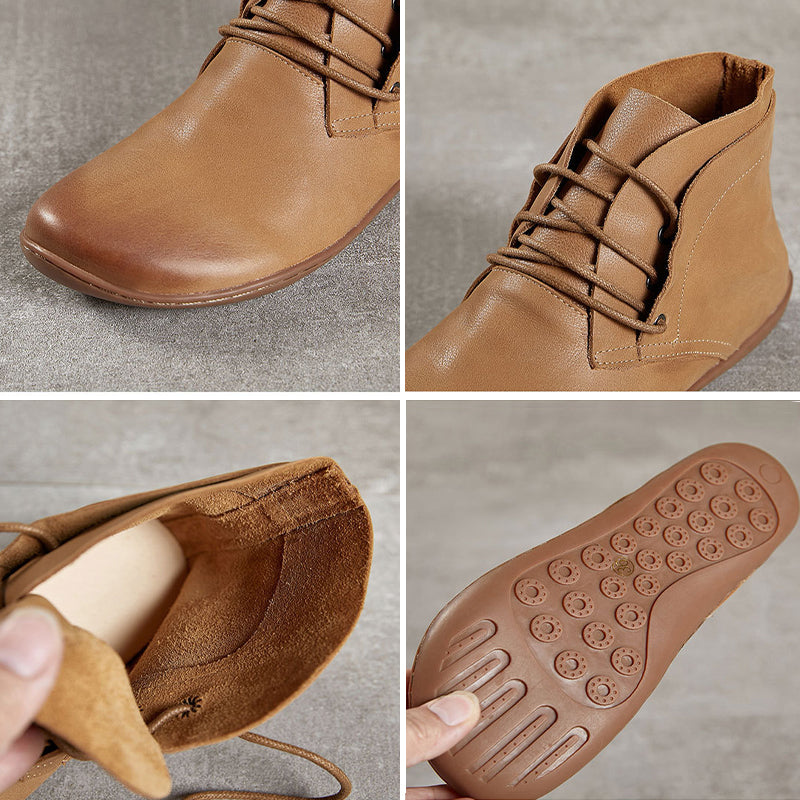 Handmade Retro Leather Lace Up Ankle Boots For Women Brown/Khaki