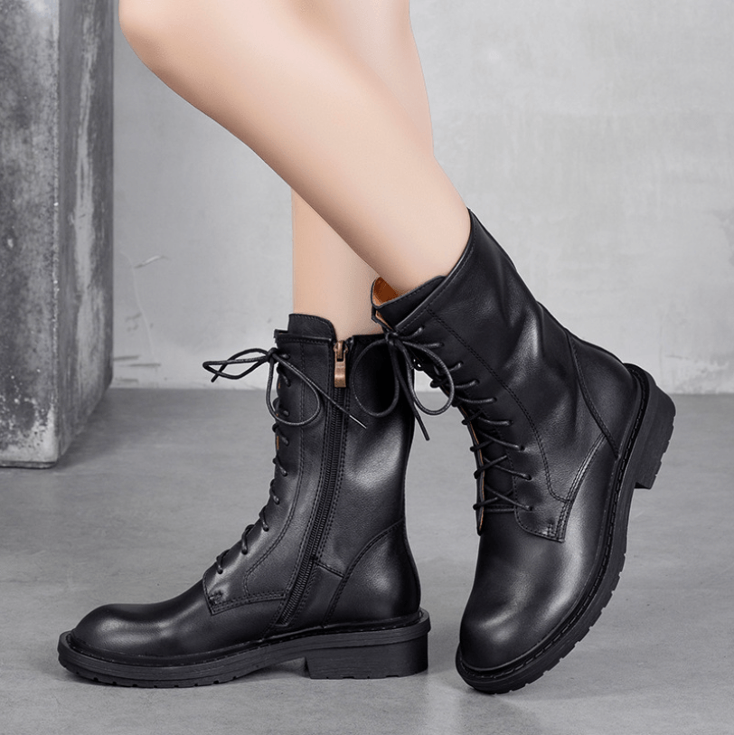 Retro Short Boots Women Handmade Genuine Leather Boots Biker Boots Brown